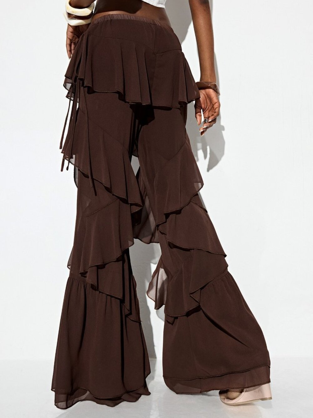 Coffee Brown Casual Women's Chiffon Low-Waisted Pants - Picture 2 of 8